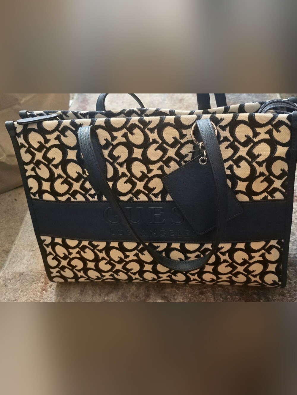 GUESS Navy Blue & Cream Monogram Tote with Logo Panel